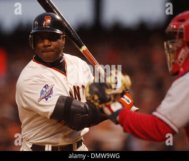 Oct 22, 2002 - San Francisco, CA, USA - San Francisco Giant BARRY BONDS watches as Anaheim Angel catcher Bengie Molina steps out to intentionally walk Bonds in the 1st inning during  game 3 of the 2002 World Series on Tuesday October 22, 2002 at Pac Bell Park in San Francisco Calif.  (Credit Image: © Jose Carlos Fajardo/Contra Costa Times/ZUMA Press) RESTRICTIONS: USA Tabloids RIGH Stock Photo