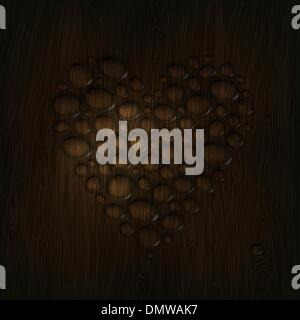 Heart shaped water drops on a wooden texture. Stock Vector