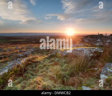 Sunset over Carbilly Tor on Bodmin Moor in Cornwall Stock Photo