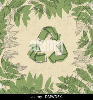 Recycle symbol, printed on reuse paper. In frame of leaves. vect Stock Vector