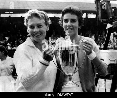 July 2, 1964 - London, England, U.K. - Tennis Players DARLENE HARD (USA) and MARIA BUENO (Brazil) beat Miss Reynolds and Miss Shuurman (South Africa) in the Ladies Doubles Championships at Wimbledon. PICTURED: Hard and Bueno with their trophy after winning. (Credit Image: © KEYSTONE Pictures USA/ZUMAPRESS.com) Stock Photo