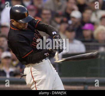 Jul 20, 2001; San Francisco, CA, USA; San Francisco Giants Benito Santiago,  #33, breaks his bat in the 2nd inning of their game against the Arizona  Diamondbacks on Friday July 20, 2001