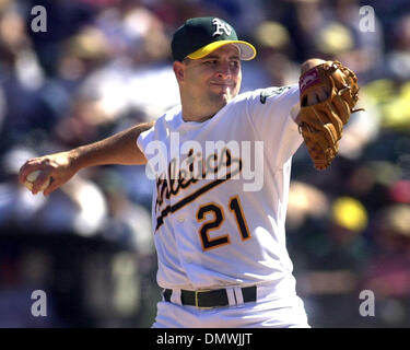 Oct 13, 2001; Oakland, CA, USA; Oakland A's Jason Giambi attempts