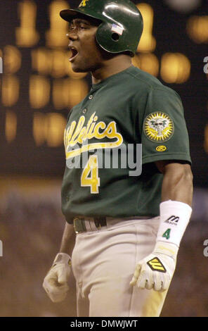 Oct 15, 2001; Bronx, NY, USA; Oakland A's Miguel Tejada, #4, reacts after being thrown out at first base in the 7th inning of game 5 of the American Division playoffs on Monday, October 15, 2001 at Yankee Stadium in Bronx, New York. Yankees beat A's 5-3 . Stock Photo