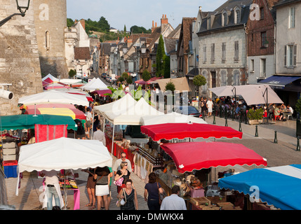 Amboise summer evening market, view over the awnings and covers along the street Stock Photo