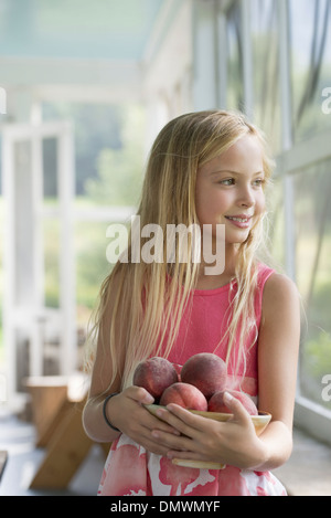 A young girl holding an armful of fresh peaches. Stock Photo