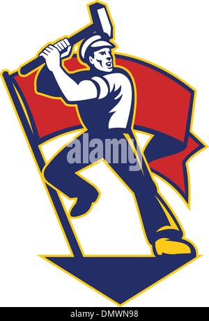 Worker With Sledge Hammer And Flag Retro Stock Vector