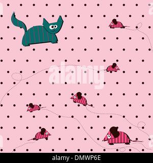 seamless Polka dot background with cat and mouse Stock Vector