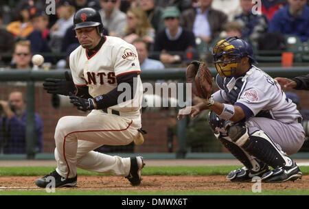 Apr 05, 2002; San Francisco, CA, USA; San Francisco Giants' Benito Santiago, #33, gets hit by a pitch in the 6th inning of their opening game on Friday, April 5, 2002 at Pacific Bell Park in San Francisco, Calif. San Francisco beat San Diego 3-1. Stock Photo