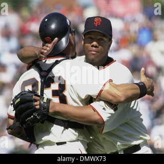 Apr 07, 2002; San Francisco, CA, USA; Giants pitcher Livan Hernandez, right, is congratulated by catcher Benito Santiago, left, at the end of their April 7, 2002 game against the Padres in San Francisco, Calif.  Besides holding the Padres to only one run, Hernandez had two doubles and a single to go along with a sacrifice fly. Stock Photo