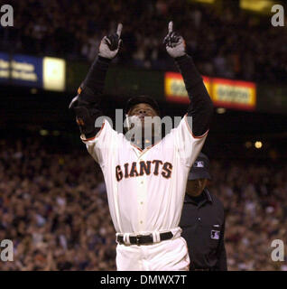 Apr 12, 2002; San Francisco, CA, USA; San Francisco Giants' Barry Bonds, #25, celebrates after hitting a homerun in the third inning of their game against the Milwaukee Brewers on Friday, April 12, 2002, at Pacific Bell Park in San Francisco, Calif. Stock Photo