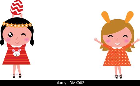 Cute retro easter kids with eggs isolated on white Stock Vector