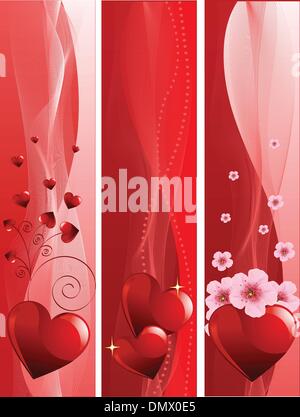 Three Valentines Day vertical banners with red hearts, ribbons and ...
