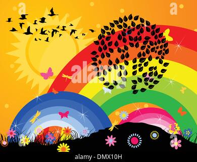 Birds over wood2 Stock Vector