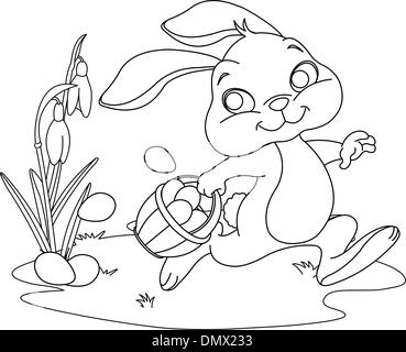 Easter Bunny Hiding Eggs. Coloring page Stock Vector