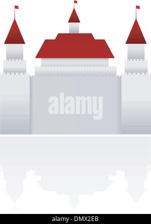 Grey stone cartoon fairy tale castle tower icon with green trees and ...