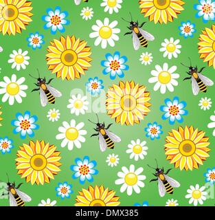 vector seamless background with bees and flowers Stock Vector