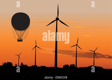 Wind generators and Air Baloon in sunrise Stock Vector