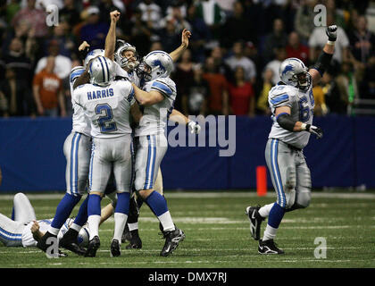 Dec 24, 2005; San Antonio, TX, USA; Detroit Lions' kicker Jason Hanson gets lifted up by teammates after he kicked the winning field goal against the New Orleans Saints to win, 13-12, at the Alamodome on Saturday, December 24, 2005. Mandatory Credit: Photo by K. M. Hui/San Antonio Express-News/ZUMA Press. (©) Copyright 2005 by San Antonio Express-News Stock Photo
