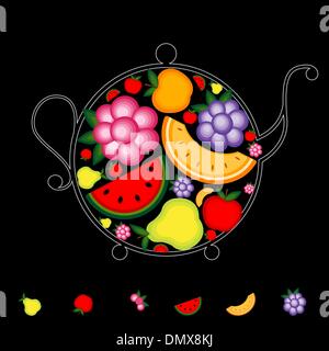 Fruit drink, teapot on black for your design Stock Vector