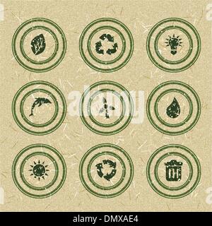 Ecology icons: green stamps on recycled paper Stock Vector