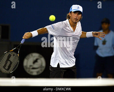 Feb 02, 2006; Delray Beach, FL, USA; During play THursday at the International Tennis Championship at the Delray Beach Tennis Center, here Vince Spadea of Boca Raton returns a shot during the 2nd set of his match against Robert Hendrick, Thursday night. Mandatory Credit: Photo by Bob Shanley/Palm Beach Post /ZUMA Press. (©) Copyright 2006 by Palm Beach Post Stock Photo