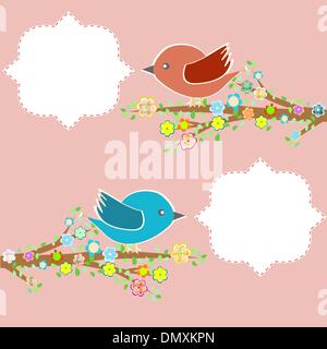 two birds in the trees with speech bubbles on tree branch Stock Vector