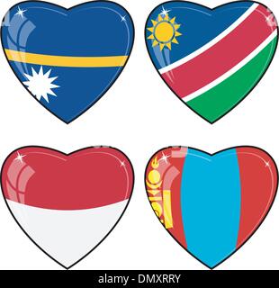 Set of vector images of hearts with the flags of Nauru, Namibia, Stock Vector