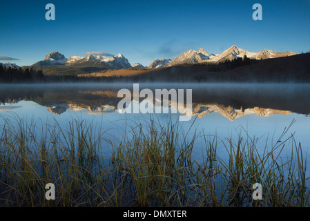 Sunrise on Sawtooth range, Little Redfish Lake, Idaho Stock Photo