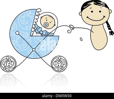 Mother with baby in buggy walking Stock Vector