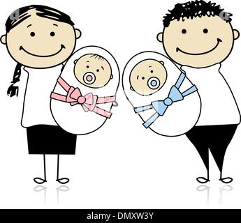 Happy parents with newborn twins Stock Vector