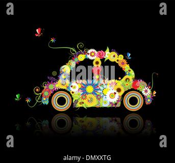 Floral car shape on black for your design Stock Vector
