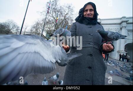 London, UK, UK. 17th Dec, 2013. A Romanian women feeds pigeons at Marble Arch. On January 1st 2014, Romanian and Bulgarian workers will have the same work rights as British citizens. Under ''transitional'' rules introduced when these two countries joined the EU in 2007, they could only work in the UK doing seasonal jobs such as fruit picking or if they are self-employed. © Gail Orenstein/ZUMAPRESS.com/Alamy Live News Stock Photo