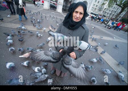 London, UK, UK. 17th Dec, 2013. A Romanian women feeds pigeons at Marble Arch. On January 1st 2014, Romanian and Bulgarian workers will have the same work rights as British citizens. Under ''transitional'' rules introduced when these two countries joined the EU in 2007, they could only work in the UK doing seasonal jobs such as fruit picking or if they are self-employed. © Gail Orenstein/ZUMAPRESS.com/Alamy Live News