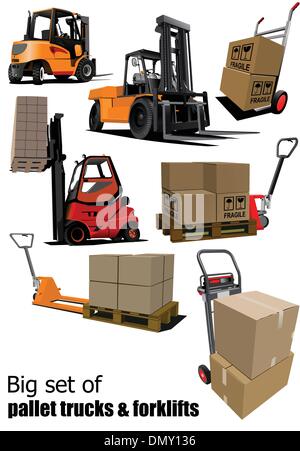 Big set of Forklifts and pallet trucks Vector illustration Stock Vector
