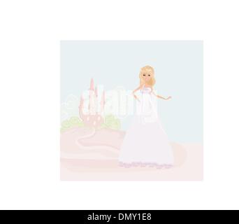 Beautiful young princess holding a big green frog Stock Vector