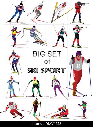 Big set of Ski sport colored silhouettes. Vector illustration Stock Vector