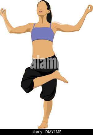 Woman practicing Yoga excercise. Vector Illustration of girl in Dancer's Pose isolated on white background. Stock Vector