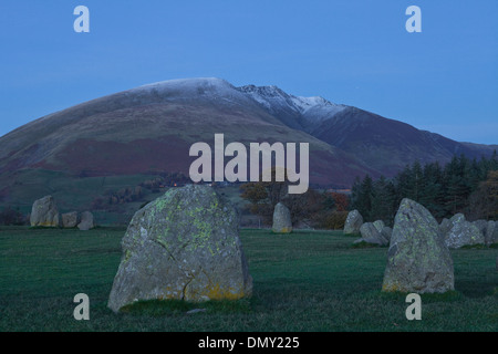 The neolithic Castlerigg stone circle lit up by the moon. The circle is found in the Lake District national park. Stock Photo