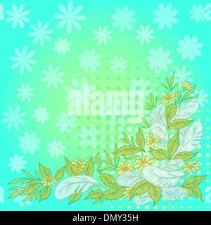 Flowers, leaves, feathers on blue and green Stock Vector