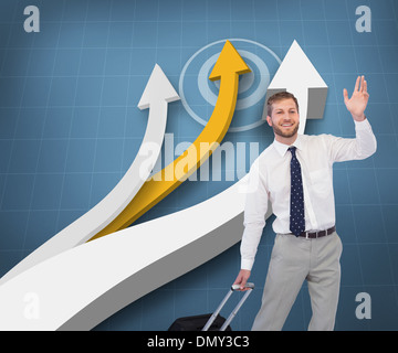 Composite image of handsome businessman with suitcase waving Stock Photo