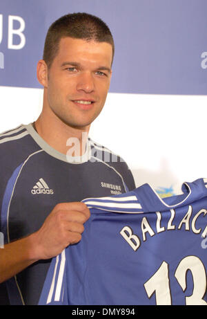 Aug 01, 2006; Beverly Hills, CA, USA; German midfielder MICHAEL BALLCK holds up his new Chelsea jersey at a press conference in Beverly Hills to talk about his joining the Chelsea Football Club. Chelsea FC are in Southern California for training camp before heading to Chicago to take on the Major League Soccer All-Star team on August 5th. Mandatory Credit: Photo by Marianna Day Mas Stock Photo