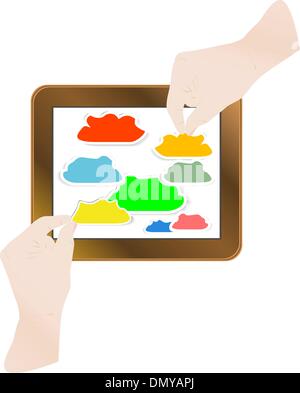 finger pointing modern touch screen tablet computer, cloud Stock Vector