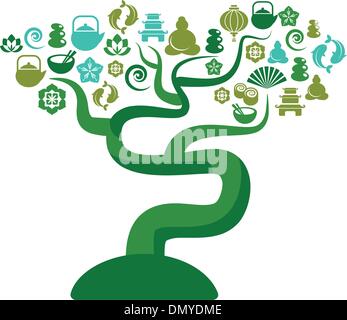 Green and blue tree with zen and yoga icons Stock Vector