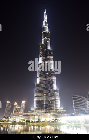 The view on Burj Khalifa and man-made lake. It is the world's tallest skyscraper (height 828m, 160 floors) Stock Photo