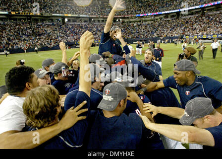 Oct 01, 2006; Minneapolis, MN, USA; The Minesota Twins celebrate winning their division in centerfield after Detroit's loss to Kansas City during the conclusion of their game against the Chicago White Sox at the Metordome in Minneapolis, Minnesota, Sunday, October 1, 2006. The Twins defeated the White Sox 5-1. Mandatory Credit: Photo by Marlin Levison/Minneapolis Star T/ZUMA Press.