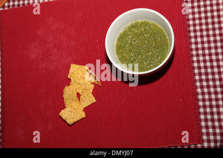 Salsa Verde with Tortilla Chips Stock Photo