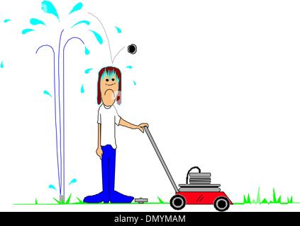 Man cutting the grass with lawn mower Stock Vector