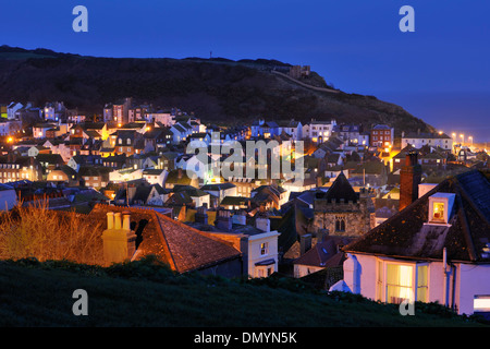 Hastings Old Town panorama, East Sussex,  in the early evening, from West Hill Stock Photo