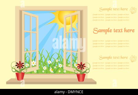 Opened plastic window in room with view to green field. vector. with room for text Stock Vector